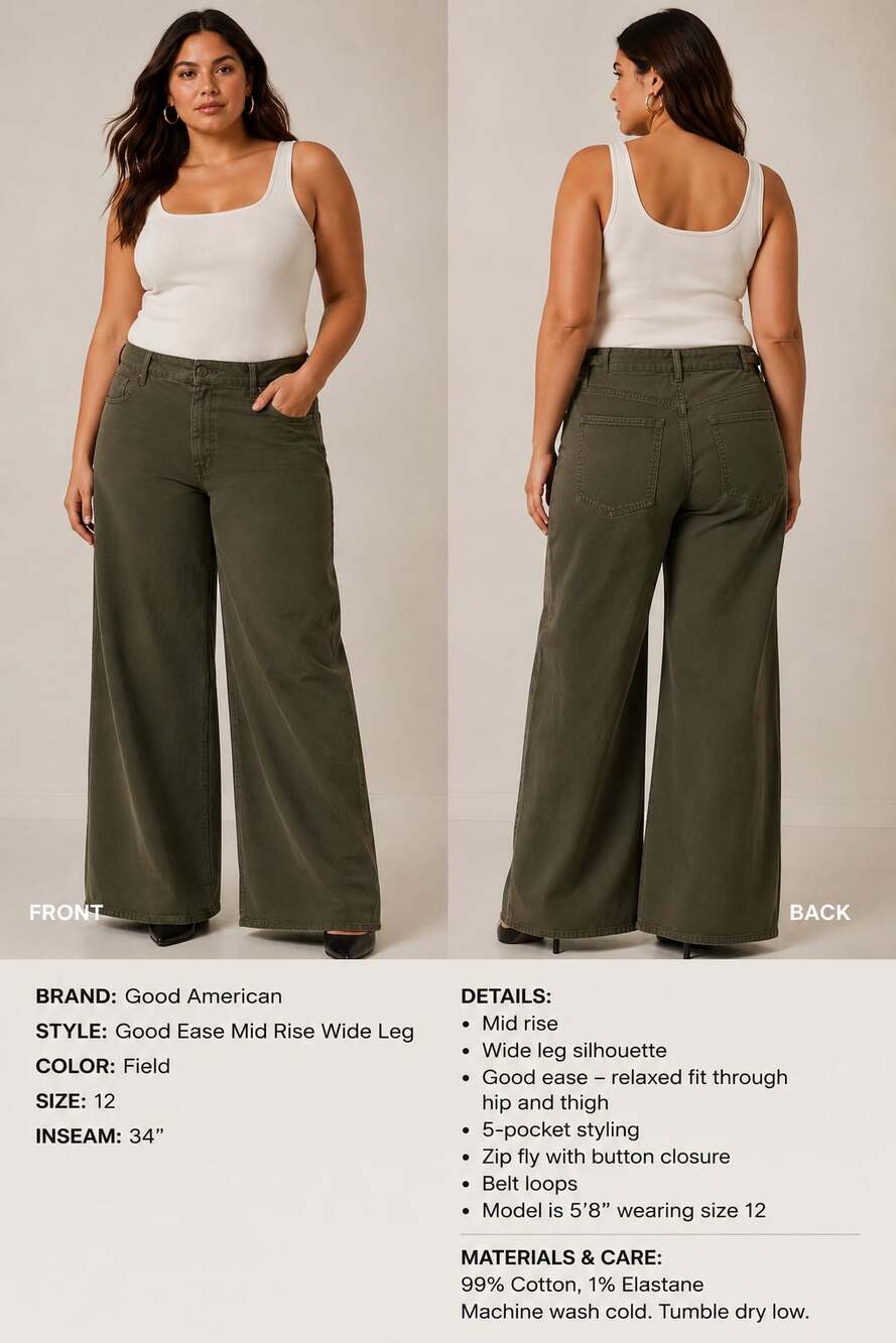 Good American Good Mid-Rise Wide-Leg Pants in Field Green size 12/34 $169 MSRP